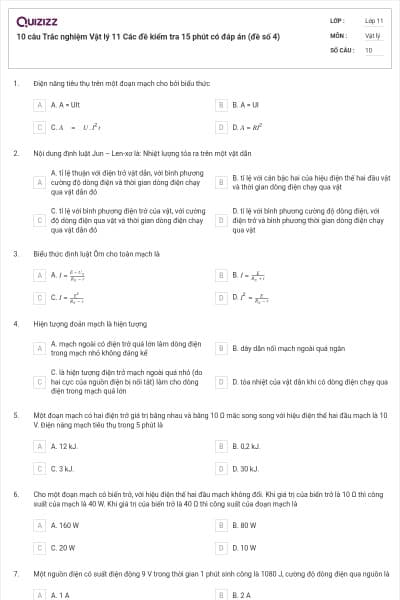 10 câu Trắc nghiệm Vật lý 11 Các đề kiểm tra 15 phút có đáp án (đề số 4)