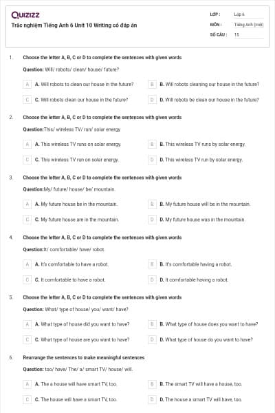 Trắc nghiệm Tiếng Anh 6 Unit 10 Writing có đáp án