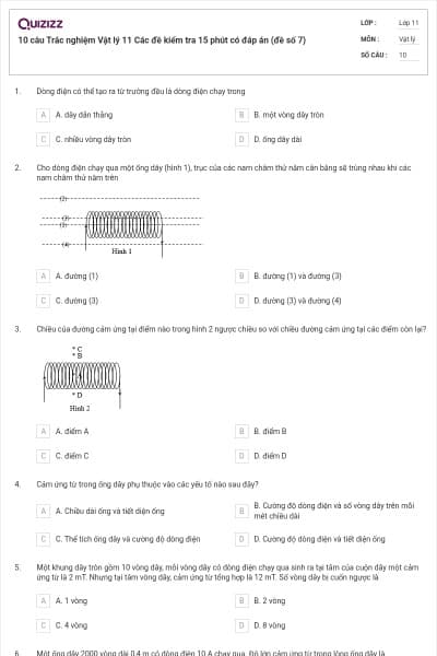10 câu Trắc nghiệm Vật lý 11 Các đề kiểm tra 15 phút có đáp án (đề số 7)