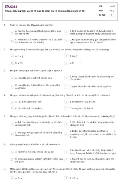 10 câu Trắc nghiệm Vật lý 11 Các đề kiểm tra 15 phút có đáp án (đề số 10)