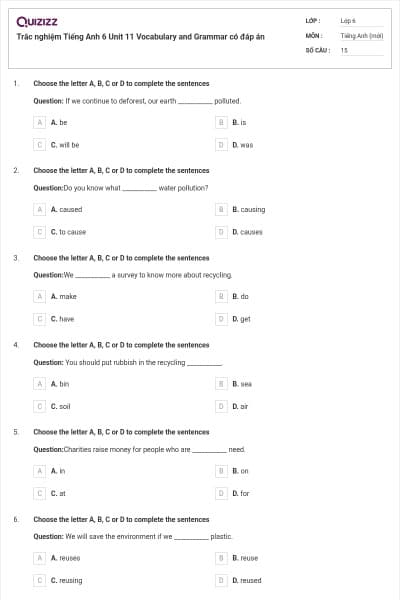 Trắc nghiệm Tiếng Anh 6 Unit 11 Vocabulary and Grammar có đáp án