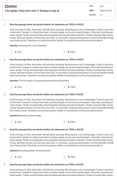 Trắc nghiệm Tiếng Anh 6 Unit 11 Reading có đáp án