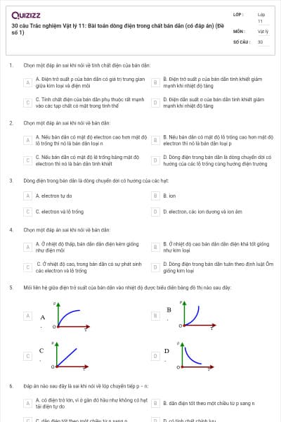 30 câu Trắc nghiệm Vật lý 11: Bài toán dòng điện trong chất bán dẫn (có đáp án) (Đề số 1)