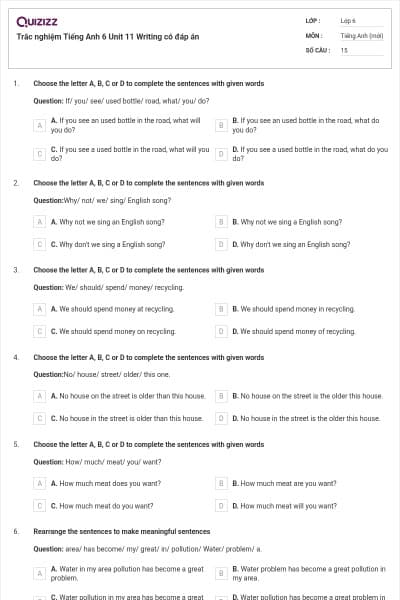 Trắc nghiệm Tiếng Anh 6 Unit 11 Writing có đáp án