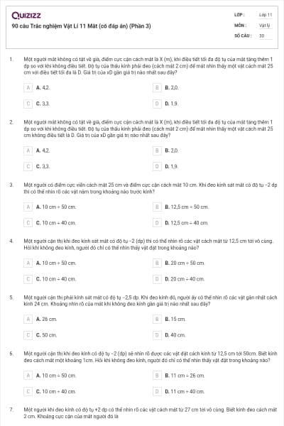 90 câu Trắc nghiệm Vật Lí 11 Mắt (có đáp án) (Phần 3)