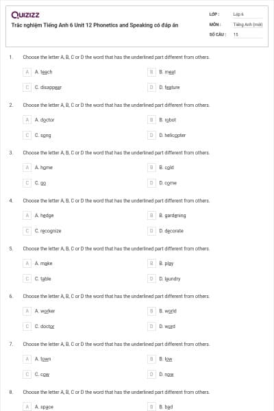 Trắc nghiệm Tiếng Anh 6 Unit 12 Phonetics and Speaking có đáp án