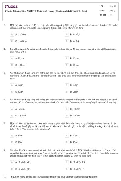 21 câu Trắc nghiệm Vật lí 11 Thấu kính mỏng (Khoảng cách từ vật đến ảnh)