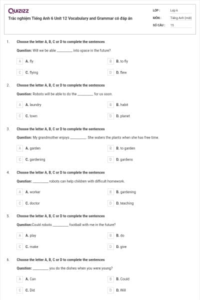 Trắc nghiệm Tiếng Anh 6 Unit 12 Vocabulary and Grammar có đáp án