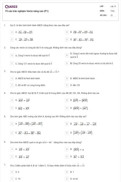 75 câu trắc nghiệm Vectơ nâng cao (P1)