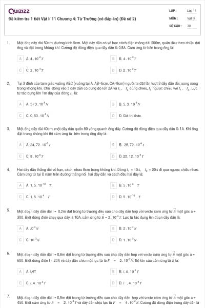 Đề kiêm tra 1 tiết Vật lí 11 Chương 4: Từ Trường (có đáp án) (Đề số 2)
