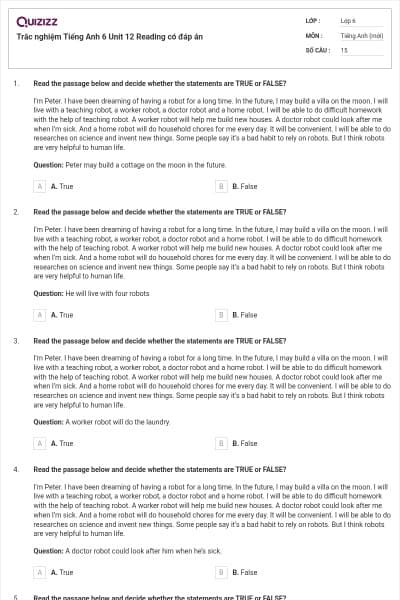 Trắc nghiệm Tiếng Anh 6 Unit 12 Reading có đáp án