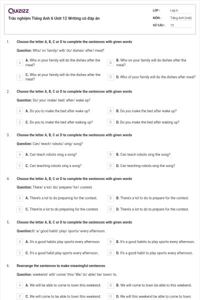 Trắc nghiệm Tiếng Anh 6 Unit 12 Writing có đáp án