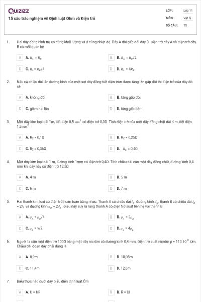 15 câu trắc nghiệm về Định luật Ohm và Điện trở