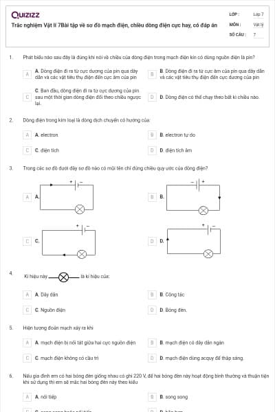 Trắc nghiệm Vật lí 7Bài tập về sơ đồ mạch điện, chiều dòng điện cực hay, có đáp án