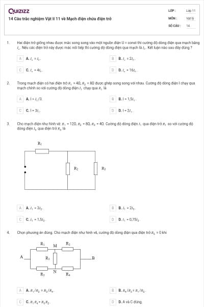 14 Câu trắc nghiệm Vật lí 11 về Mạch điện chứa điện trở