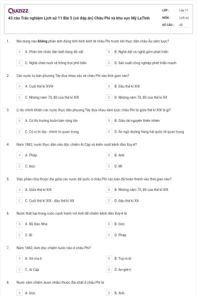 43 câu  Trắc nghiệm Lịch sử 11 Bài 5 (có đáp án) Châu Phi và khu vực Mỹ LaTinh