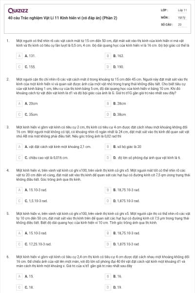 40 câu Trắc nghiệm Vật Lí 11 Kính hiển vi (có đáp án) (Phần 2)