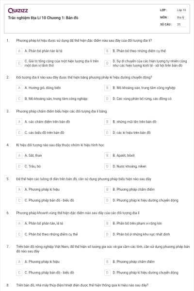 Trắc nghiệm Địa Lí 10 Chương 1: Bản đồ