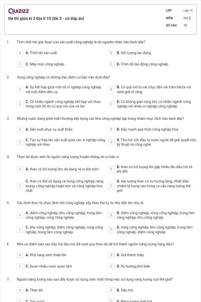 Đề thi giữa kì 2 Địa lí 10 (Đề 3 - có đáp án)