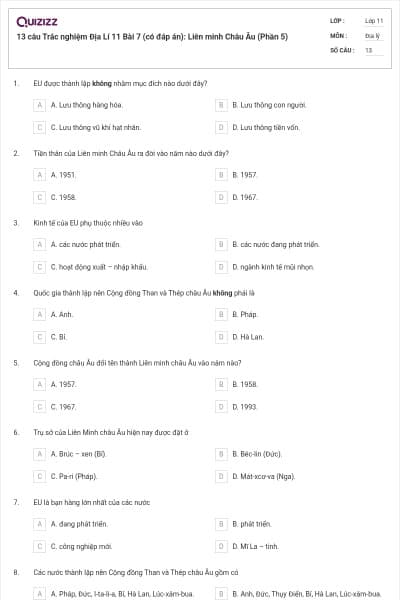 13 câu   Trắc nghiệm Địa Lí 11 Bài 7 (có đáp án): Liên minh Châu Âu (Phần 5)