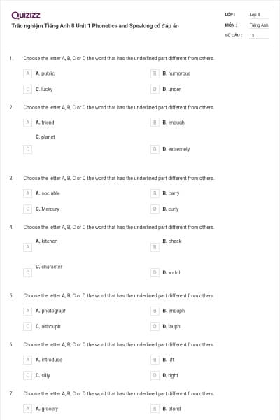 Trắc nghiệm Tiếng Anh 8 Unit 1 Phonetics and Speaking có đáp án