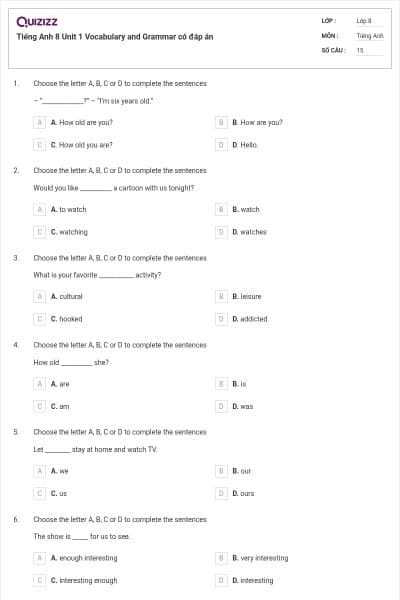 Tiếng Anh 8 Unit 1 Vocabulary and Grammar có đáp án