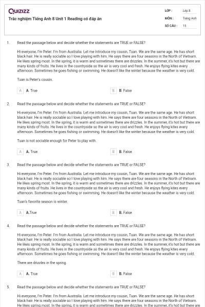 Trắc nghiệm Tiếng Anh 8 Unit 1 Reading có đáp án