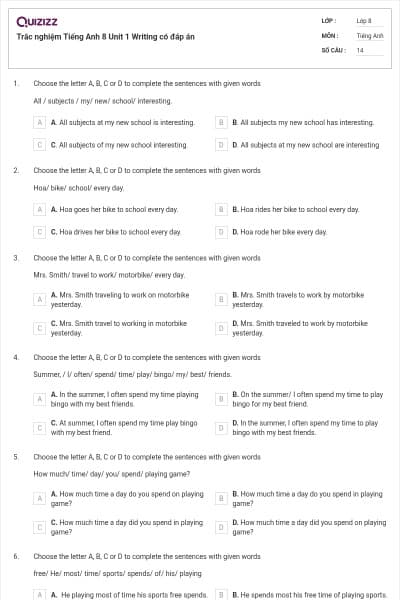 Trắc nghiệm Tiếng Anh 8 Unit 1 Writing có đáp án