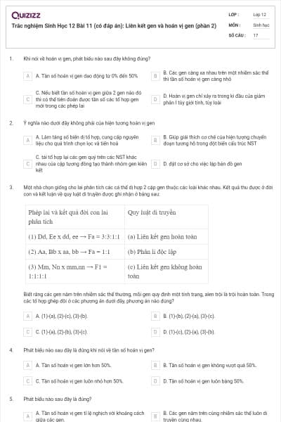 Trắc nghiệm Sinh Học 12 Bài 11 (có đáp án): Liên kết gen và hoán vị gen (phần 2)