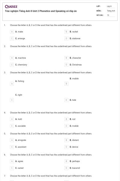 Trắc nghiệm Tiếng Anh 8 Unit 2 Phonetics and Speaking có đáp án