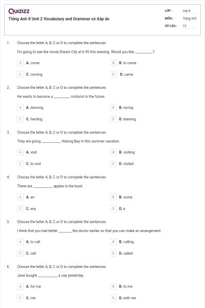 Tiếng Anh 8 Unit 2 Vocabulary and Grammar có đáp án