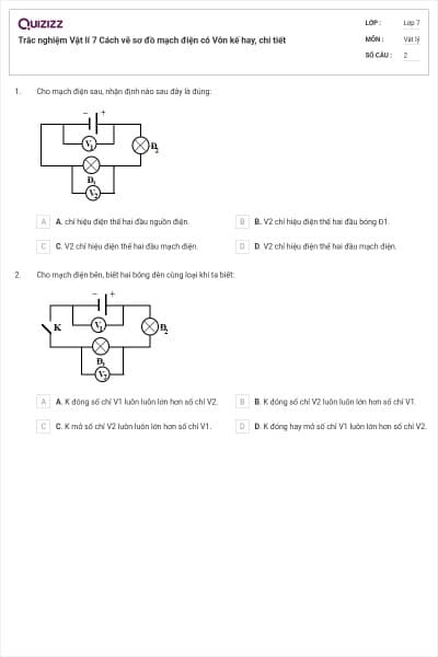 Trắc nghiệm Vật lí 7 Cách vẽ sơ đồ mạch điện có Vôn kế hay, chi tiết