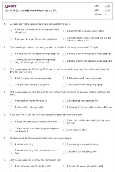 Lịch sử 10 (có đáp án) Lịch sử thế giới cận đại (P3)