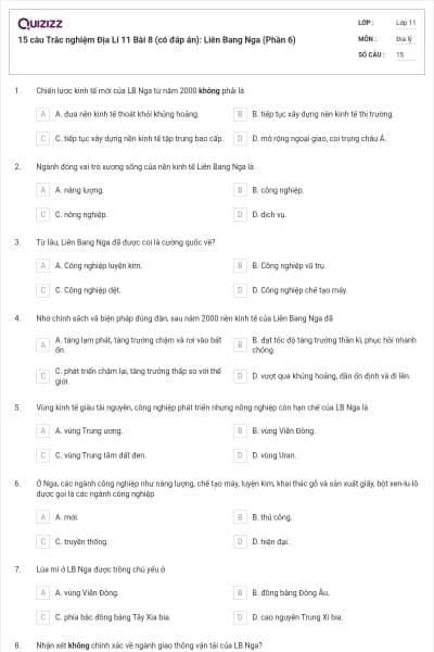 15 câu  Trắc nghiệm Địa Lí 11 Bài 8 (có đáp án): Liên Bang Nga (Phần 6)