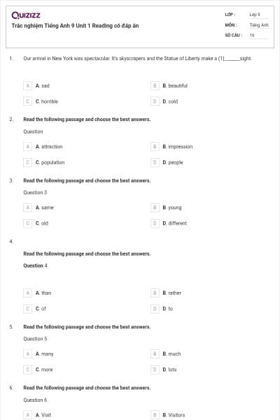 Trắc nghiệm Tiếng Anh 9 Unit 1 Reading có đáp án