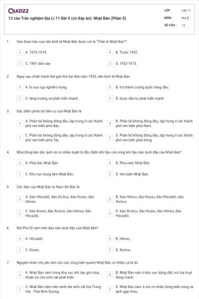 12 câu  Trắc nghiệm Địa Lí 11 Bài 9 (có đáp án): Nhật Bản (Phần 5)