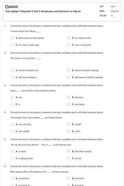 Trắc nghiệm Tiếng Anh 9 Unit 2 Vocabulary and Grammar có đáp án