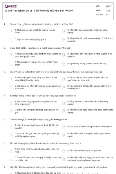 12 câu  Trắc nghiệm Địa Lí 11 Bài 9 (có đáp án): Nhật Bản (Phần 9)