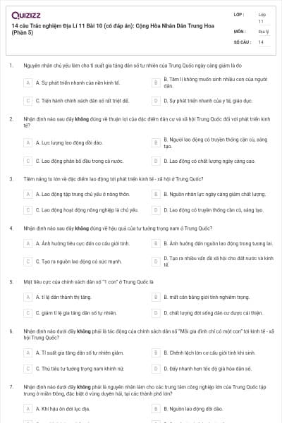 14 câu Trắc nghiệm Địa Lí 11 Bài 10 (có đáp án): Cộng Hòa Nhân Dân Trung Hoa (Phần 5)
