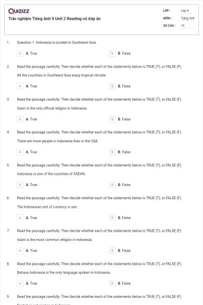 Trắc nghiệm Tiếng Anh 9 Unit 2 Reading có đáp án
