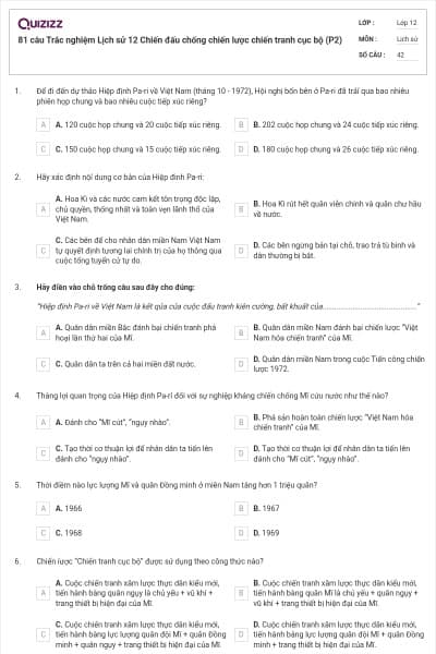 81 câu Trắc nghiệm Lịch sử 12 Chiến đấu chống chiến lược chiến tranh cục bộ (P2)