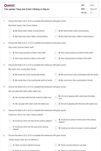 Trắc nghiệm Tiếng Anh 8 Unit 2 Writing có đáp án