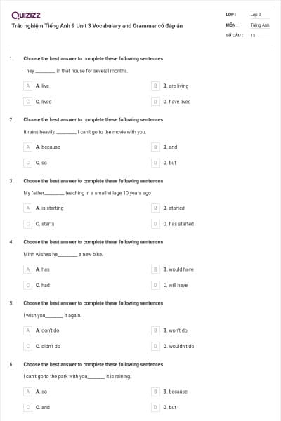 Trắc nghiệm Tiếng Anh 9 Unit 3 Vocabulary and Grammar có đáp án