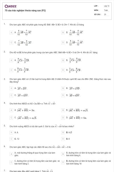75 câu trắc nghiệm Vectơ nâng cao (P2)