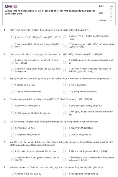 22 câu  Trắc nghiệm Lịch sử 11 Bài 11 (có đáp án): Tình hình các nước tư bản giữa hai cuộc chiến tranh