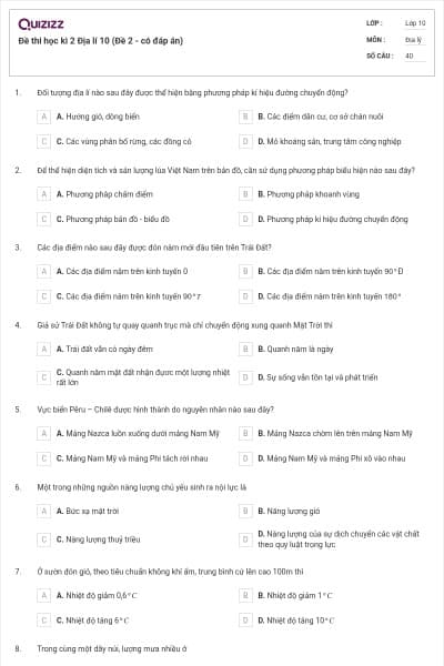Đề thi học kì 2 Địa lí 10 (Đề 2 - có đáp án)