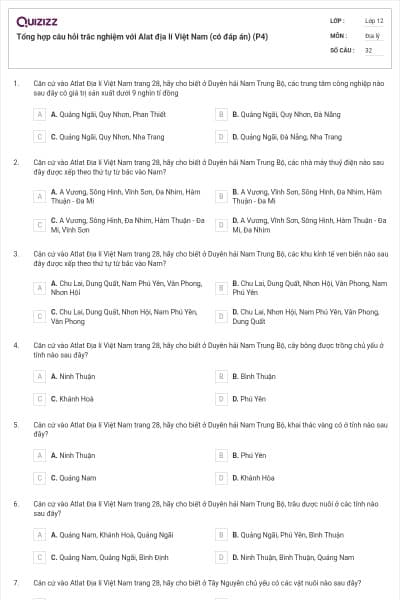 Tổng hợp câu hỏi trắc nghiệm với Alat địa lí Việt Nam (có đáp án) (P4)