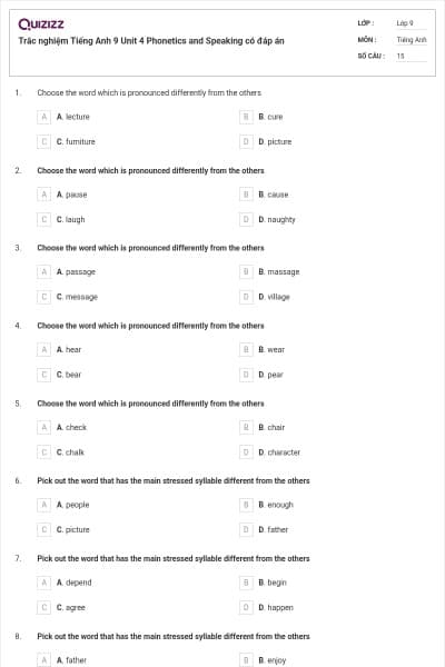 Trắc nghiệm Tiếng Anh 9 Unit 4 Phonetics and Speaking có đáp án