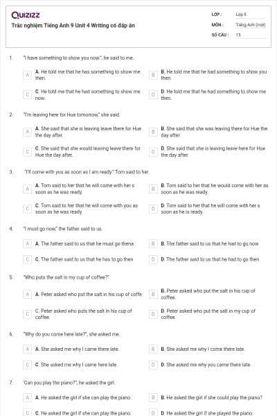 Trắc nghiệm Tiếng Anh 9 Unit 4 Writing có đáp án