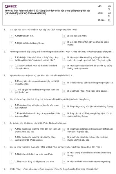 160 câu Trắc nghiệm Lịch Sử 12: Đảng lãnh đạo cuộc vận động giải phóng dân tộc (1930-1945)  MỨC ĐỘ THÔNG HIỂU(P2)